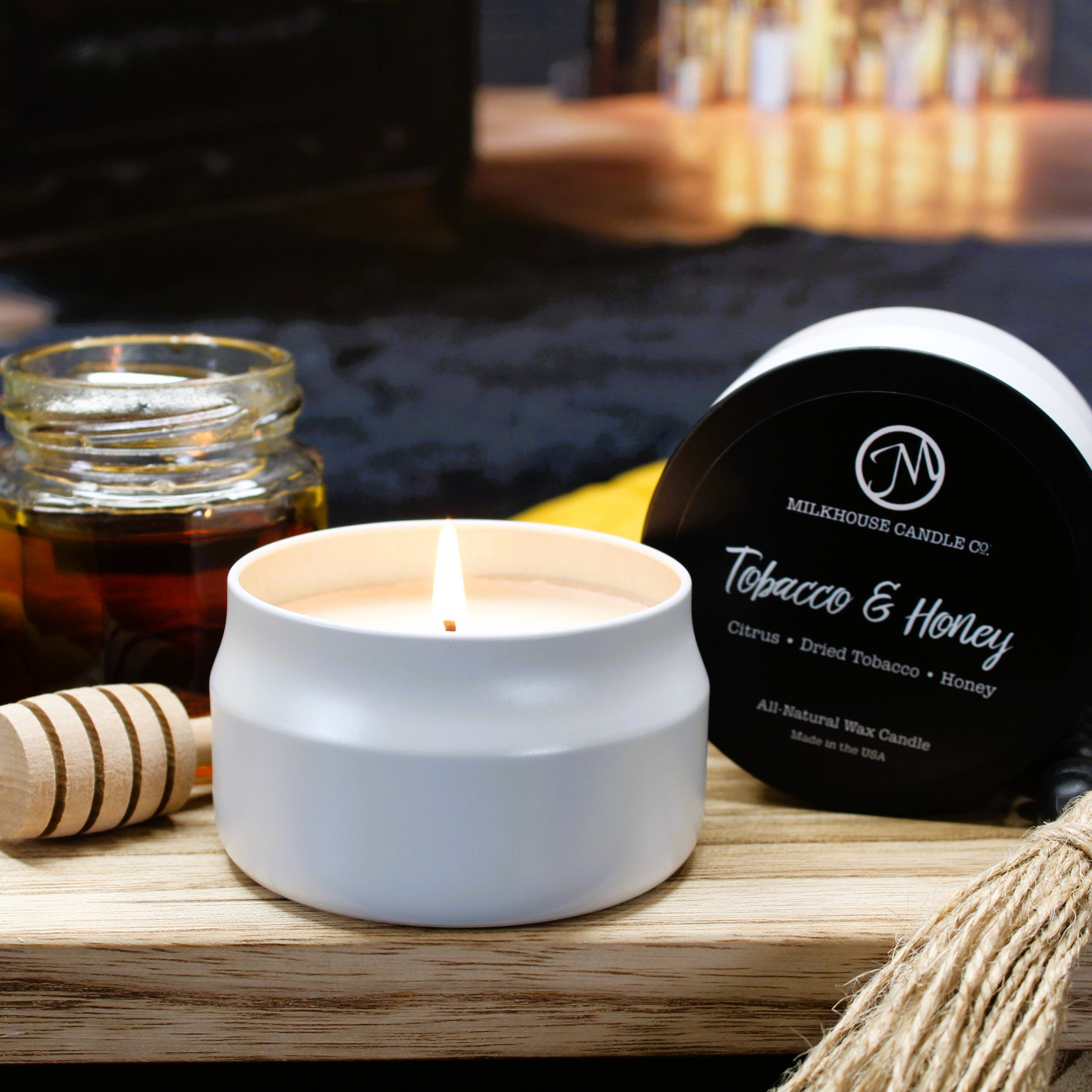 3.75 oz Traveler Tin Candle: Tobacco & Honey
