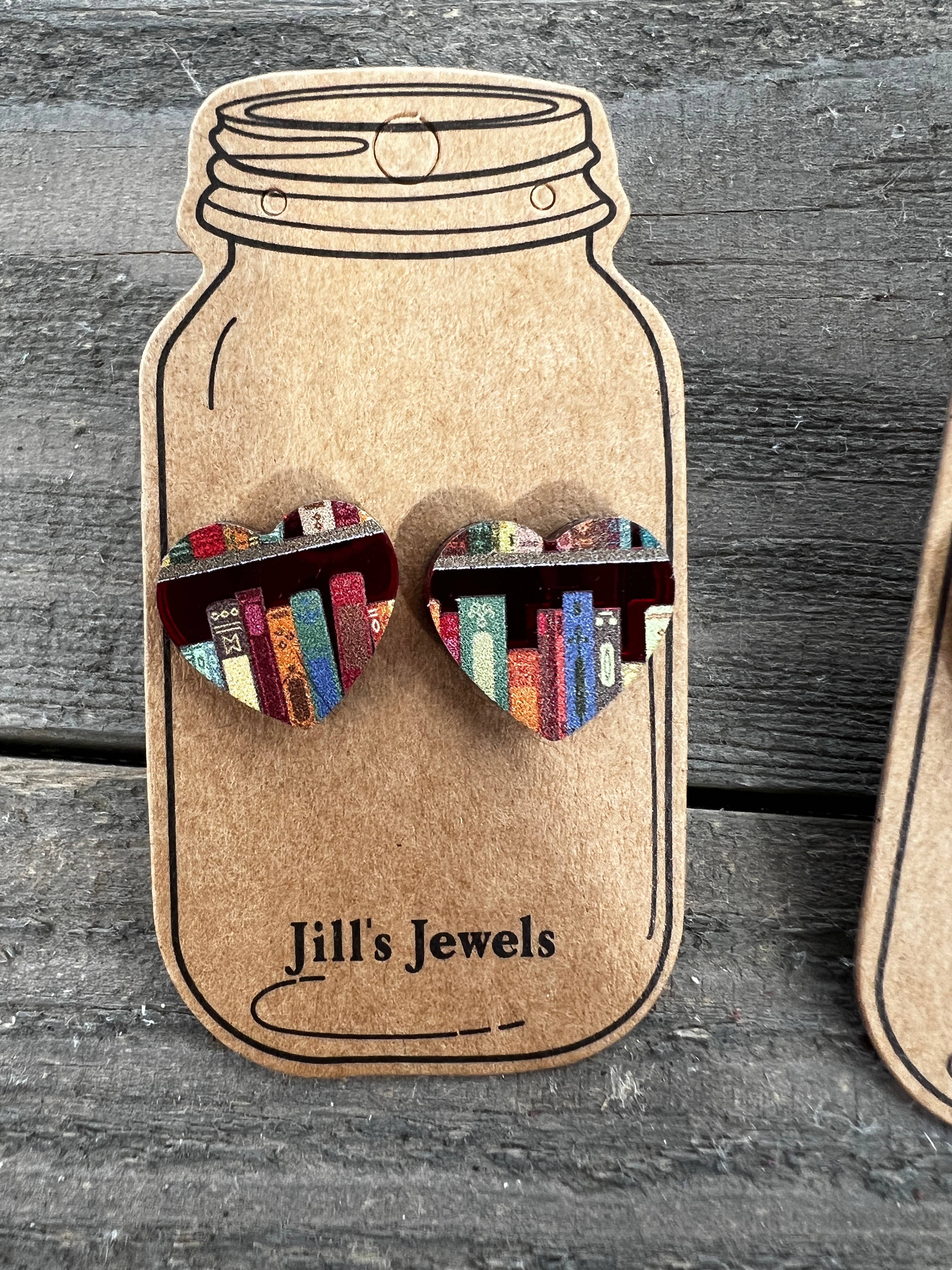 Book Shelf Heart Red Mirror Acrylic Stud Earrings