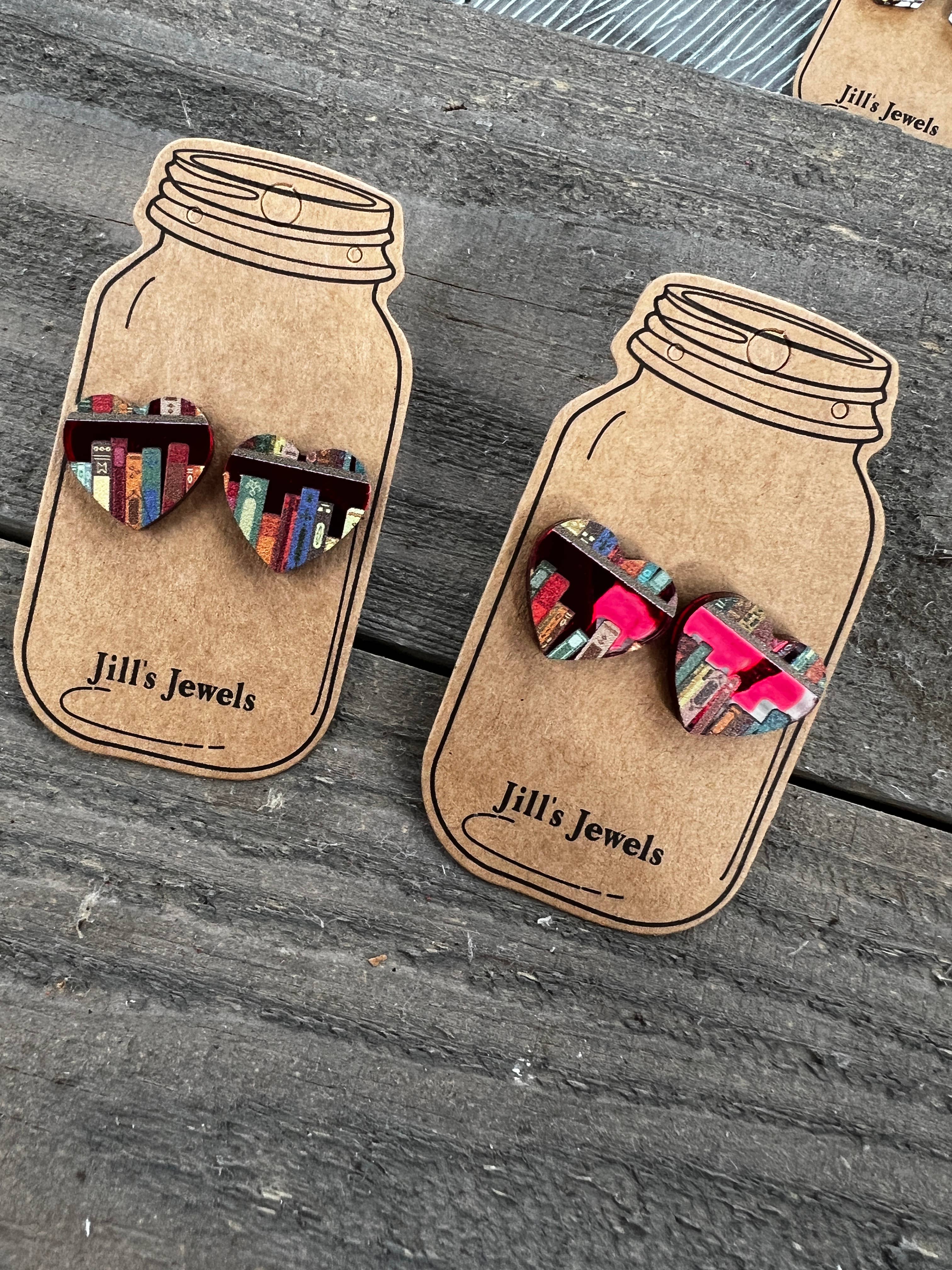 Book Shelf Heart Red Mirror Acrylic Stud Earrings